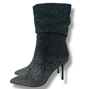 Thalia Sodi Womens Black Rhinestone Slouchy Stiletto Mid Calf Boots Pointed Toe